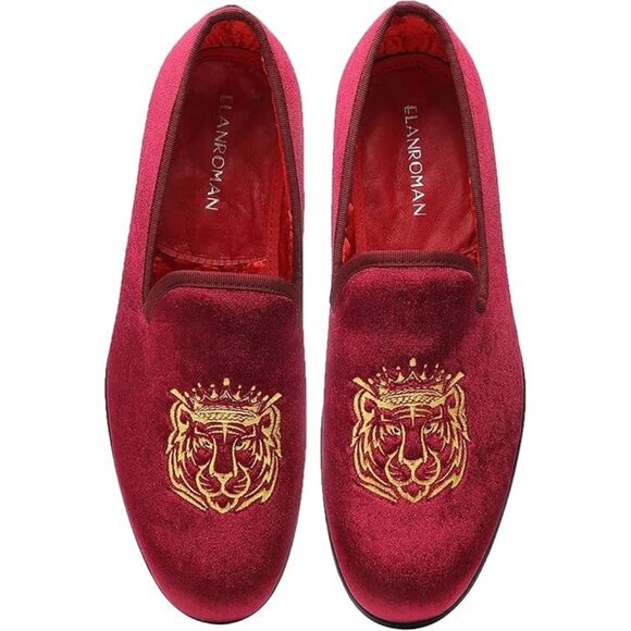 Elanroman Other - Elanroman Mens Rich Red Velvet Loafers Size 44 (10) Embroidered Tiger Design